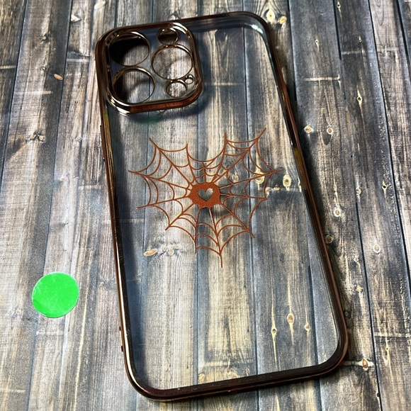 5for$10 Transparent iPhone 14 Pro Max Case Spider Web Gold Heart Soft Slim Case - Picture 5 of 9